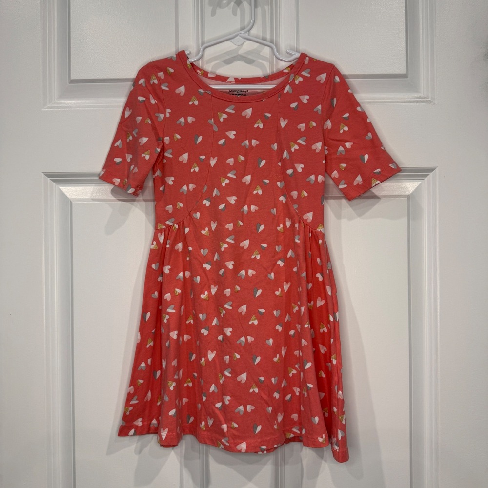 Jumping Beans Girls‎ Recess Dress Coral Pink Heart Print Short Sleeve Size 5